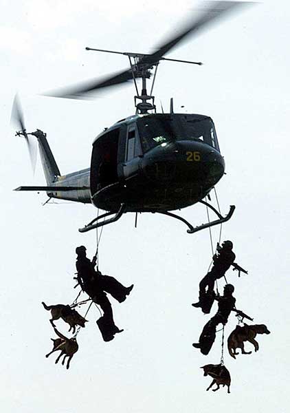 A military helicopter carries soldiers and military working dogs from the Special Forces.